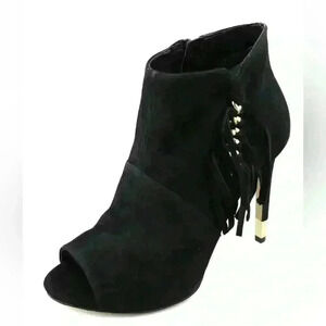 Guess Women's Black Aziz Suede Peep Toe with Fringe & Chain accent Bootie chic